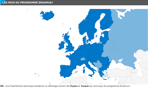 carte des pays éligibles aux programmes européens Erasmus+