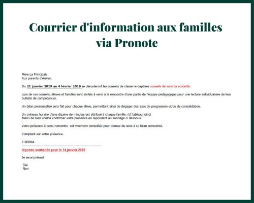 Courrier d'information aux familles via Pronote