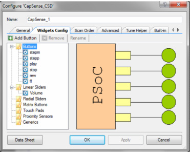 Configuration des widgets du composant CAPSENSE dans le top design de PSOC CREATOR