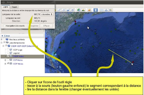 exemple 3 : outil règle de Google Earth pour mesurer la distance forage - ride océanique