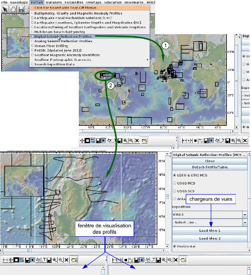 figure 26 : exemple de chargement d'une campagne de profils numériques de sismique réflexion à partir du menu "portals". un "clic" sur une des zones (rectangles noirs) permet d'accéder à la zone et ses profils.