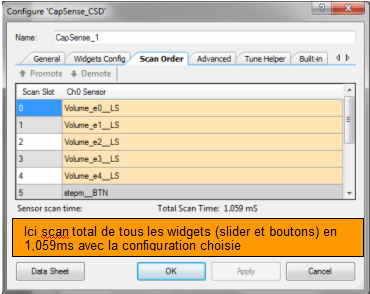 Configuration de l'ordre de scan des widgets du composant CAPSENSE dans le top design de PSOC CREATOR