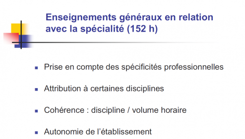 Enseignements généraux en relation avec la spécialité (152 heures) Enseignements généraux en relation avec la spécialité (152 heures)