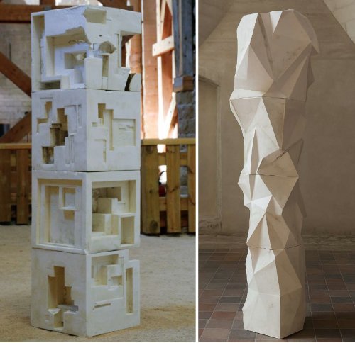  Oligophrène, 2020 et Odontophobe, 2023, totems de plâtre