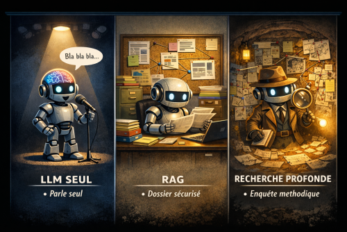 M.Courtecuisse, 2025, Image générée par intelligence artificielle à partir d'un prompt original sur les caractéristiques des IAG en matière de recherche d'information. Outil : ChatGPT – DALL·E (OpenAI)