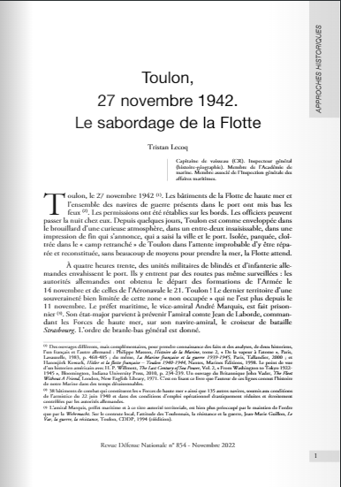 Extrait de l'article " Toulon, 27 novembre 1942 : Le sabordage de la flotte"