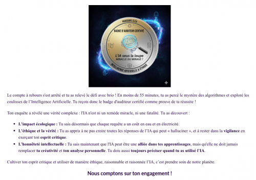 Parcours Éléa IA, miracle ou mirage ? Badge et synthèse du parcours.