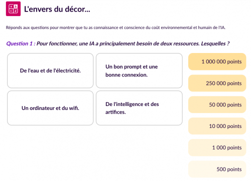 Parcours Éléa IA, miracle ou mirage ? Extrait du jeu du millionnaire pour tester la connaissance des enjeux environnementaux et humains de l'usage de l'IA.