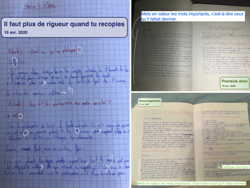Des exemples d'annotations sur les photographies des cahiers des élèves.