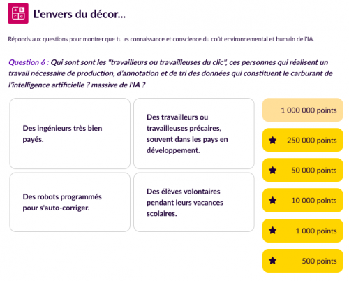 Parcours Éléa IA, miracle ou mirage ? Extrait du jeu du millionnaire pour tester la connaissance des enjeux environnementaux et humains de l'usage de l'IA.