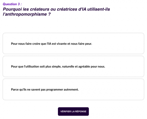 Parcours Éléa IA, miracle ou mirage ? L'antropomorphisme, quésaco ? Questions 3.