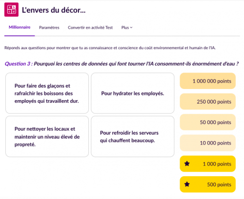 Parcours Éléa IA, miracle ou mirage ? Extrait du jeu du millionnaire pour tester la connaissance des enjeux environnementaux et humains de l'usage de l'IA.