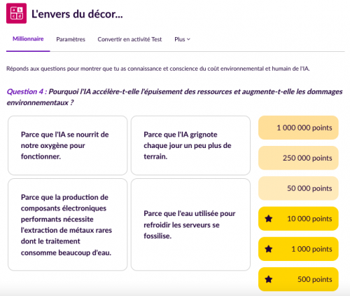 Parcours Éléa IA, miracle ou mirage ? Extrait du jeu du millionnaire pour tester la connaissance des enjeux environnementaux et humains de l'usage de l'IA.