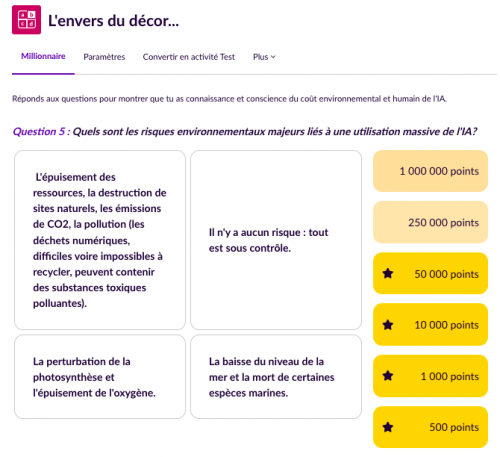 Parcours Éléa IA, miracle ou mirage ? Extrait du jeu du millionnaire pour tester la connaissance des enjeux environnementaux et humains de l'usage de l'IA.