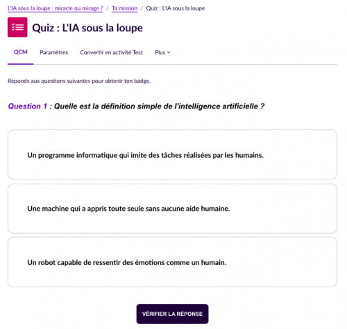 IA, miracle ou mirage ? L'IA sous la loupe. Question 1.