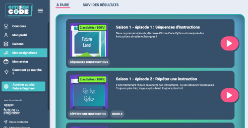Assignation des missions aux élèves dans l'application Citizen Code Python