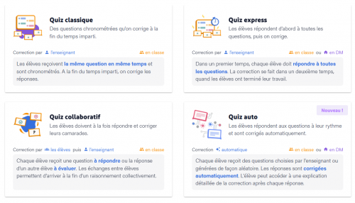 Tableau de présentation des différents quiz possibles dans Mathlive