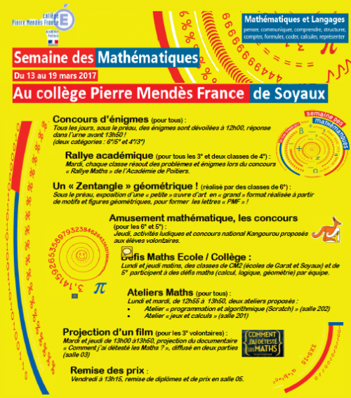 Affiche de la semaine des Mathématiques au collège Pierre-MENDÈS-FRANCE de Soyaux