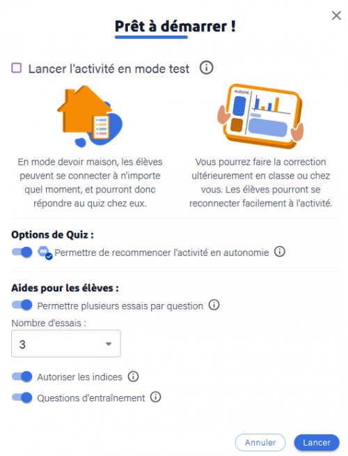 Options du quiz auto de Mathlive
